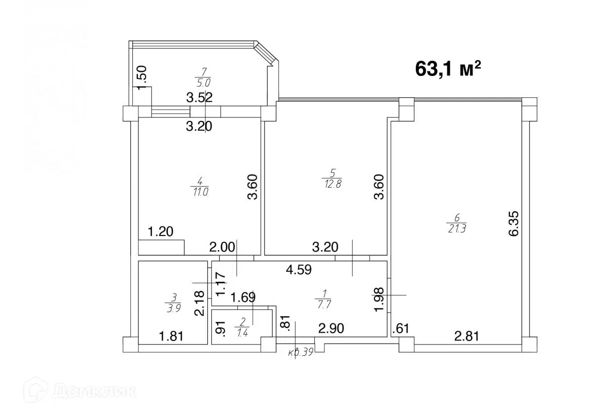 Планировка: 2-комн. квартира 63.10 м² в новостройке Квартал Лета
