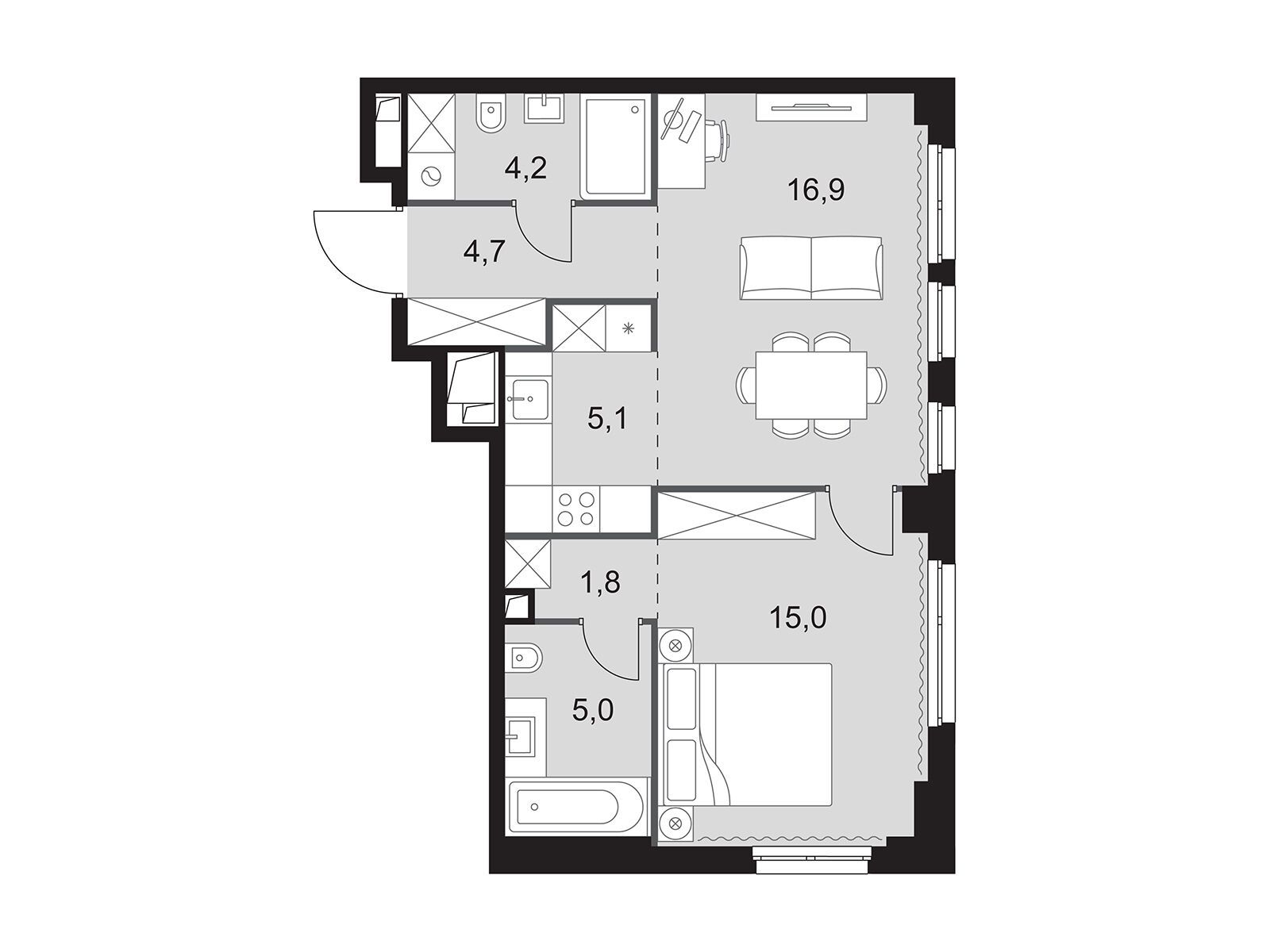 Планировка: 2-комн. квартира 52.70 м² в новостройке Сидней Сити