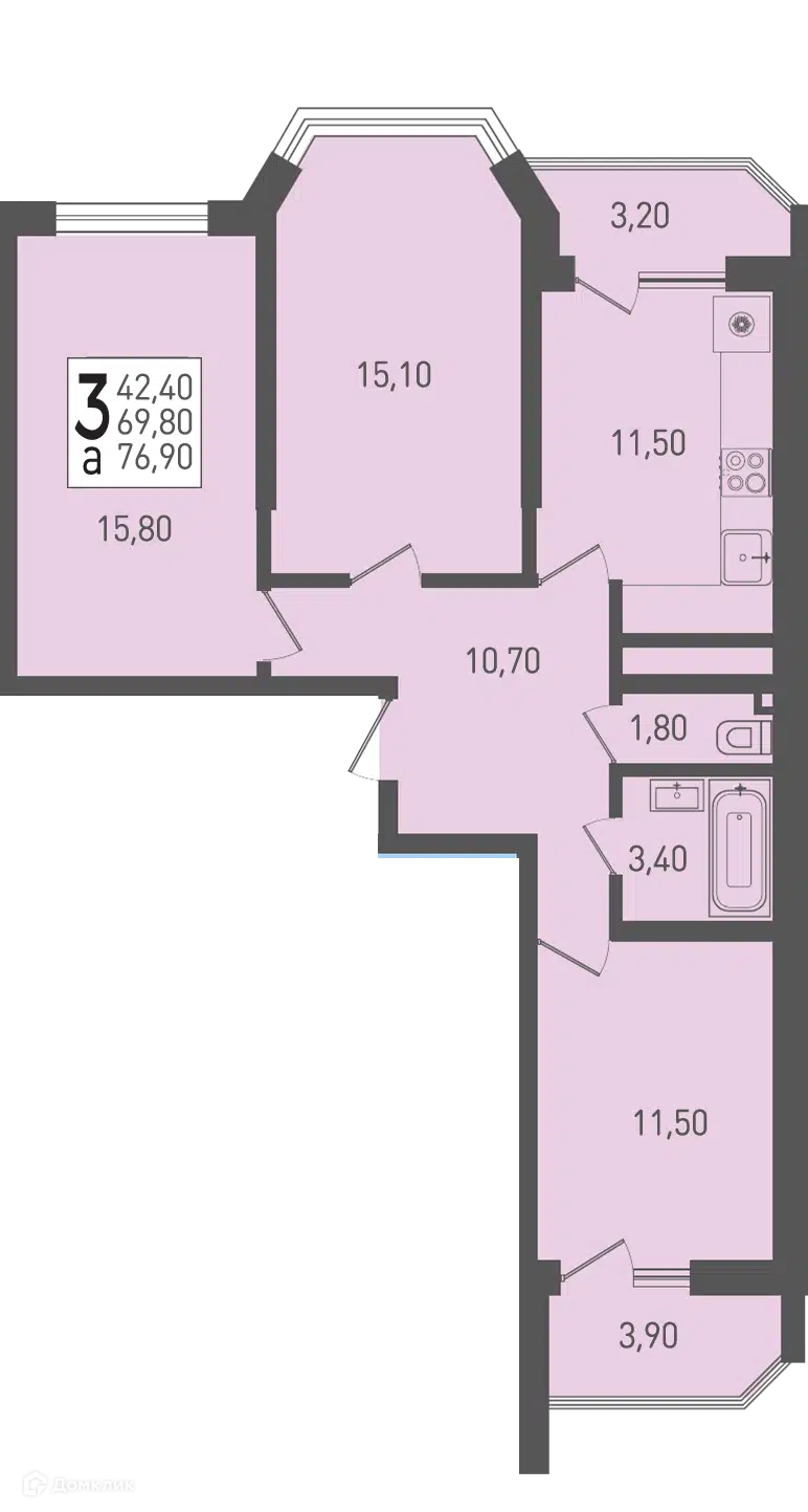 Планировка: 3-комн. квартира 76.90 м² в новостройке Огурцы