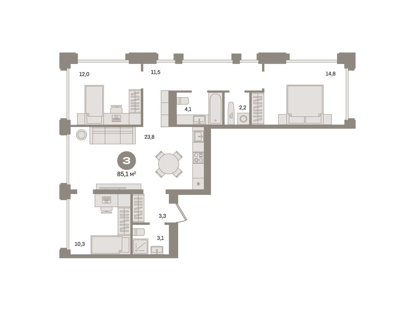 Планировка: 3-комн. квартира 85.10 м² в новостройке Дом А