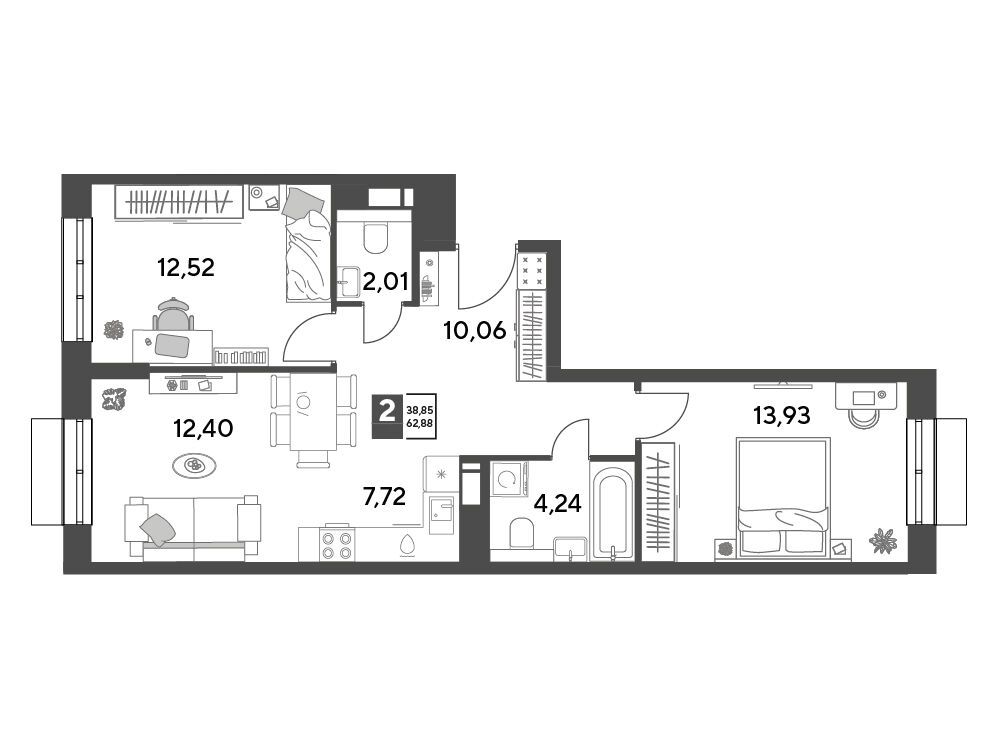 Планировка: 2-комн. квартира 62.88 м² в новостройке Публицист