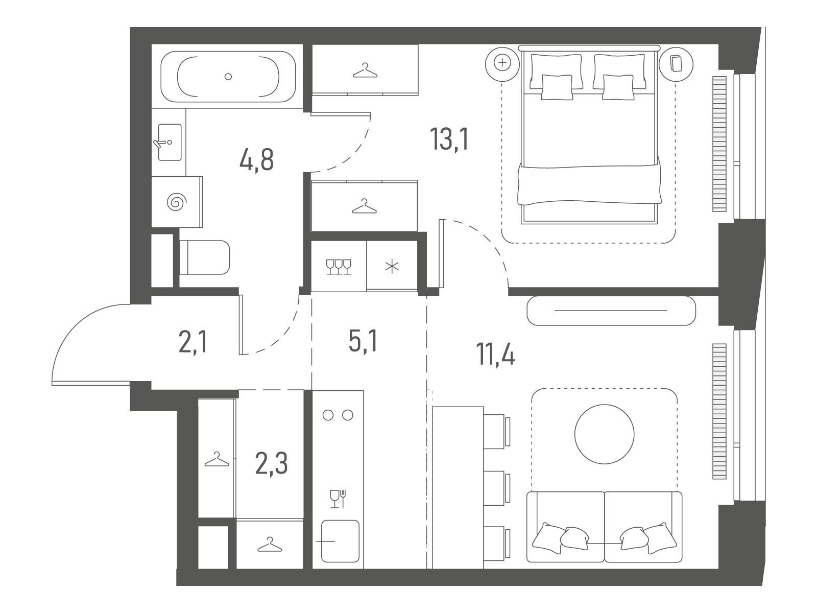 Планировка: 1-комн. квартира 38.80 м² в новостройке Среда на Лобачевского