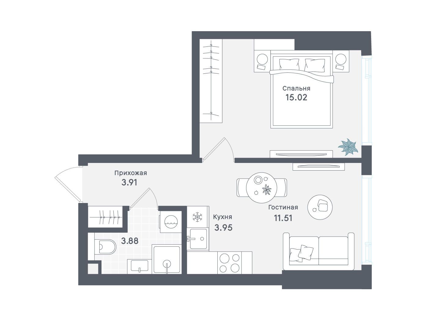 Планировка: 1-комн. квартира 38.27 м² в новостройке Солос