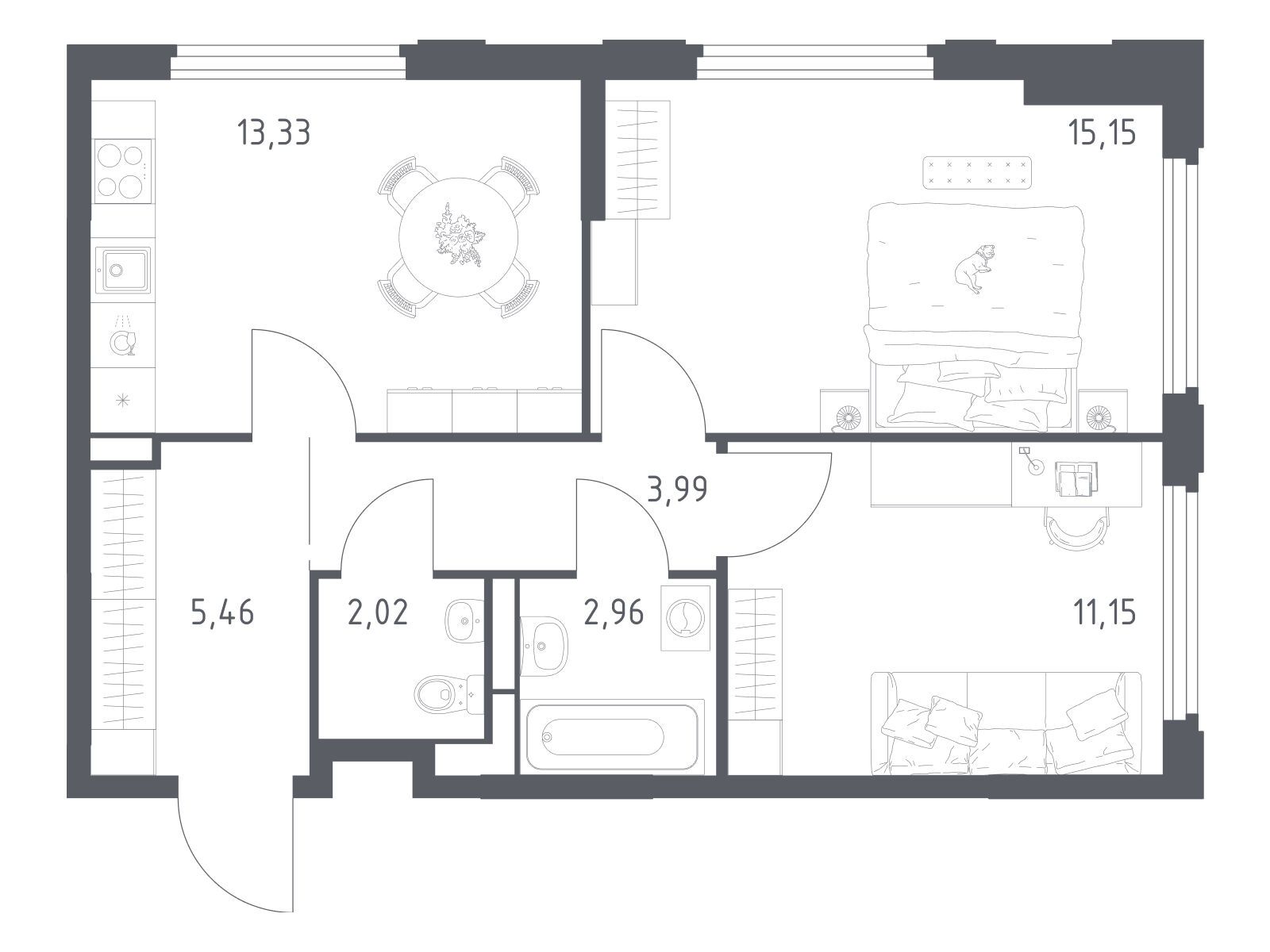 Планировка: 2-комн. квартира 54.06 м² в новостройке Космический квартал