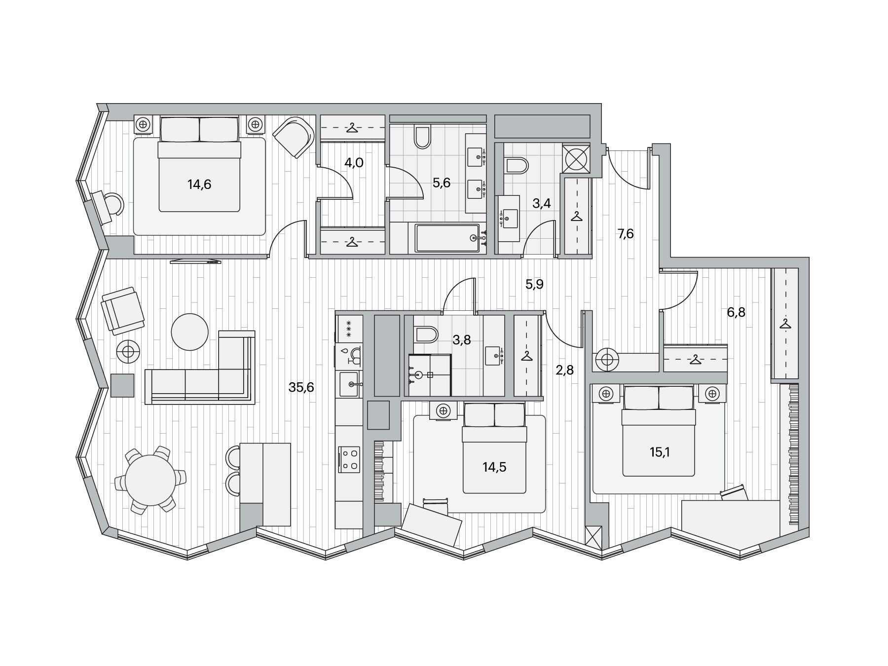 Планировка: 3-комн. квартира 118.00 м² в новостройке Береговой-2