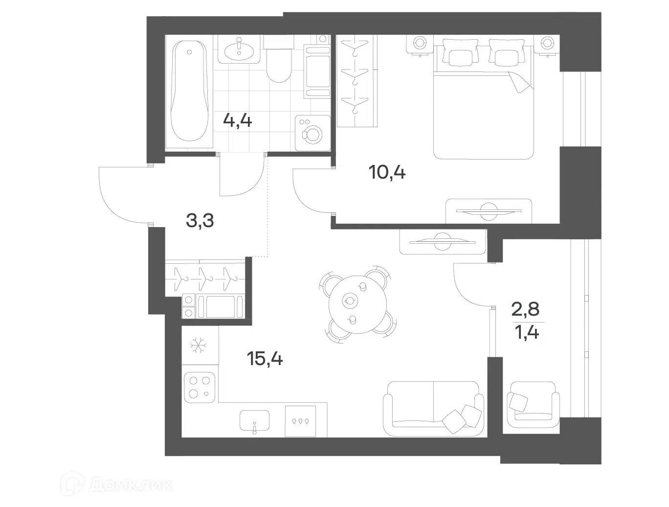 Планировка: 1-комн. квартира 34.83 м² в новостройке Ньюпитер