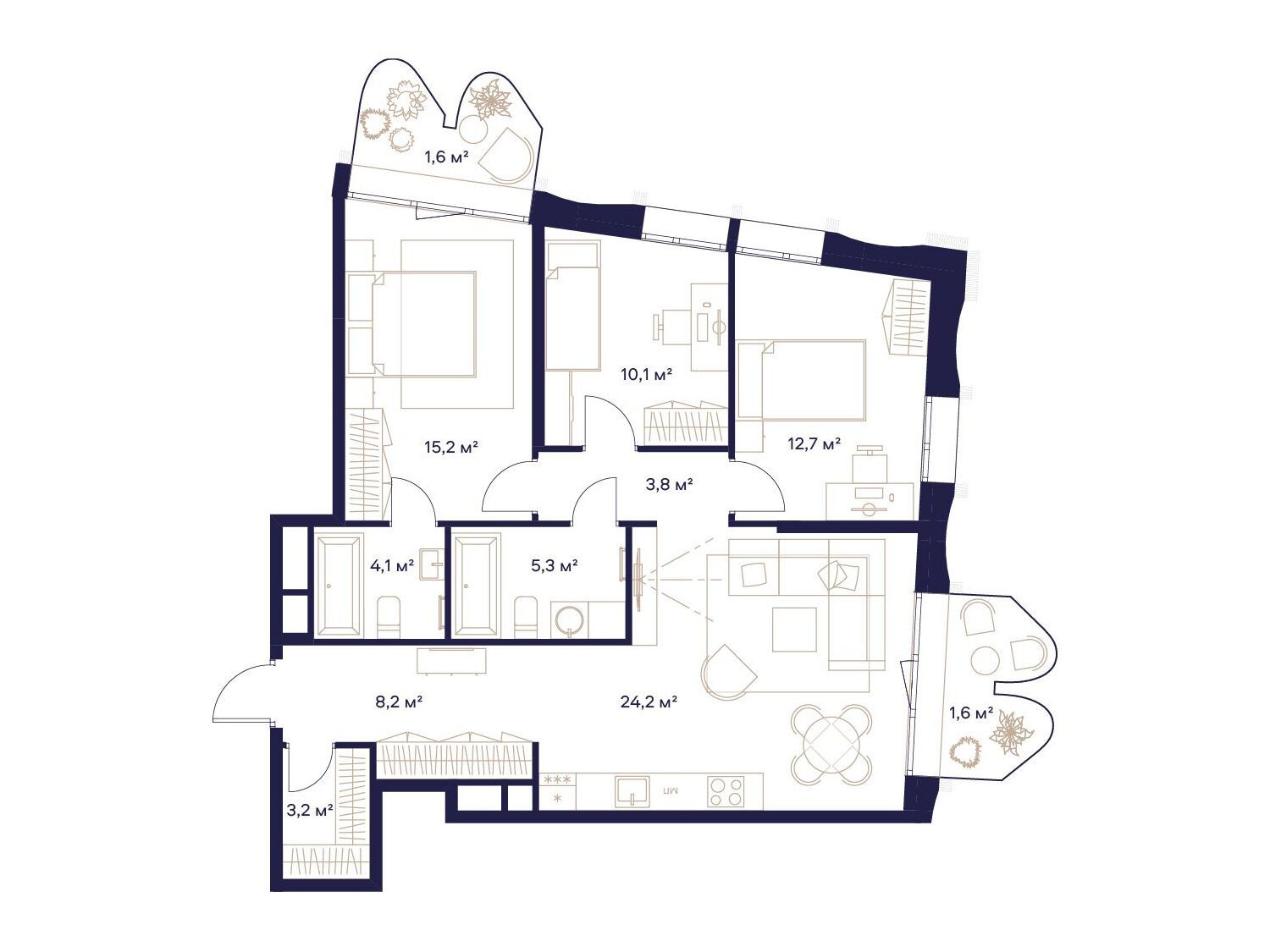 Планировка: 3-комн. квартира 90.00 м² в новостройке Союз