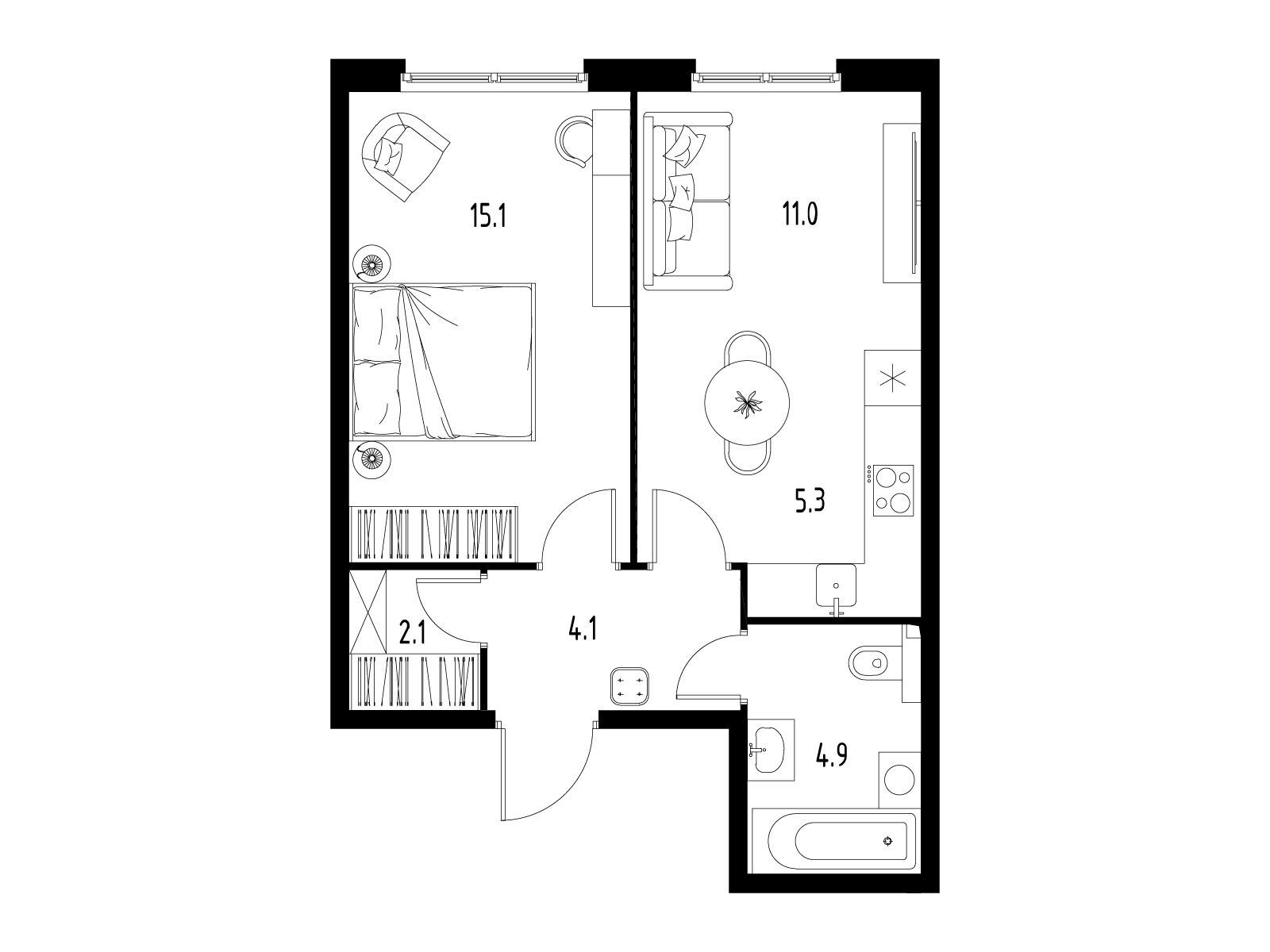Планировка: 1-комн. квартира 42.50 м² в новостройке Сколково Уан