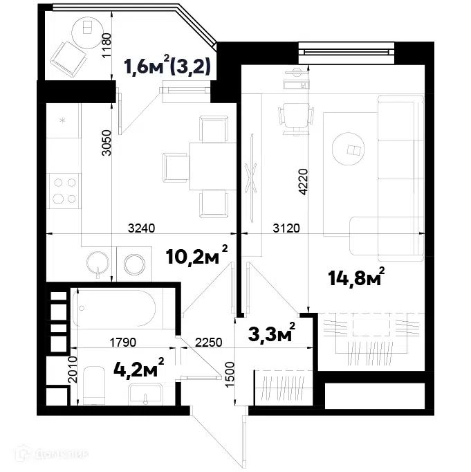 Планировка: 1-комн. квартира 34.10 м² в новостройке Спортивная деревня
