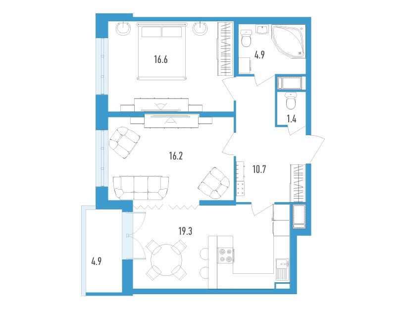 Планировка: 2-комн. квартира 71.60 м² в новостройке Колумб