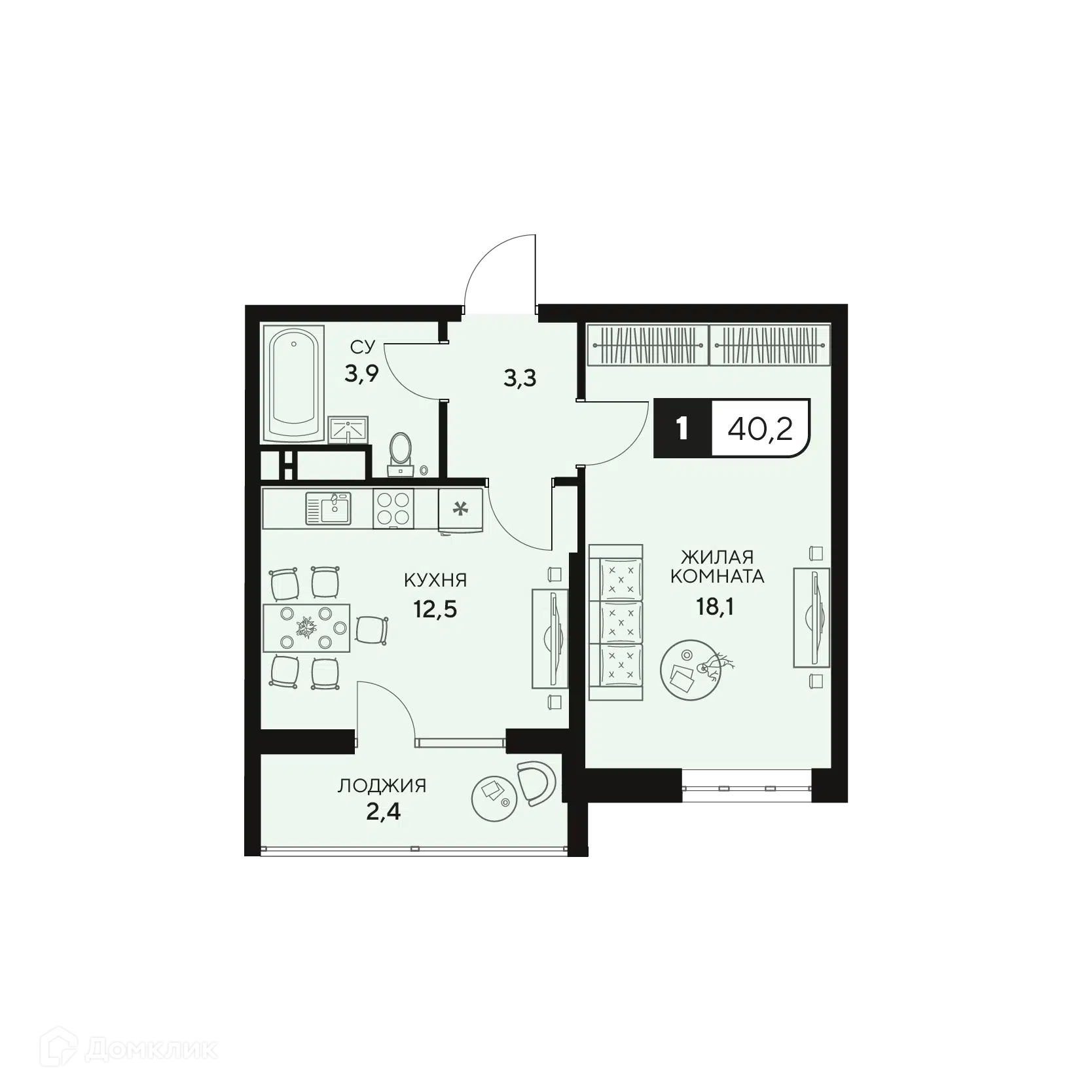 Планировка: 1-комн. квартира 40.20 м² в новостройке 18/3