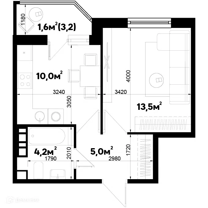 Планировка: 1-комн. квартира 34.30 м² в новостройке Спортивная деревня