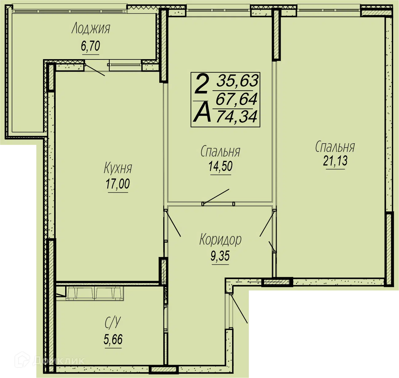 Планировка: 2-комн. квартира 74.34 м² в новостройке Спутник