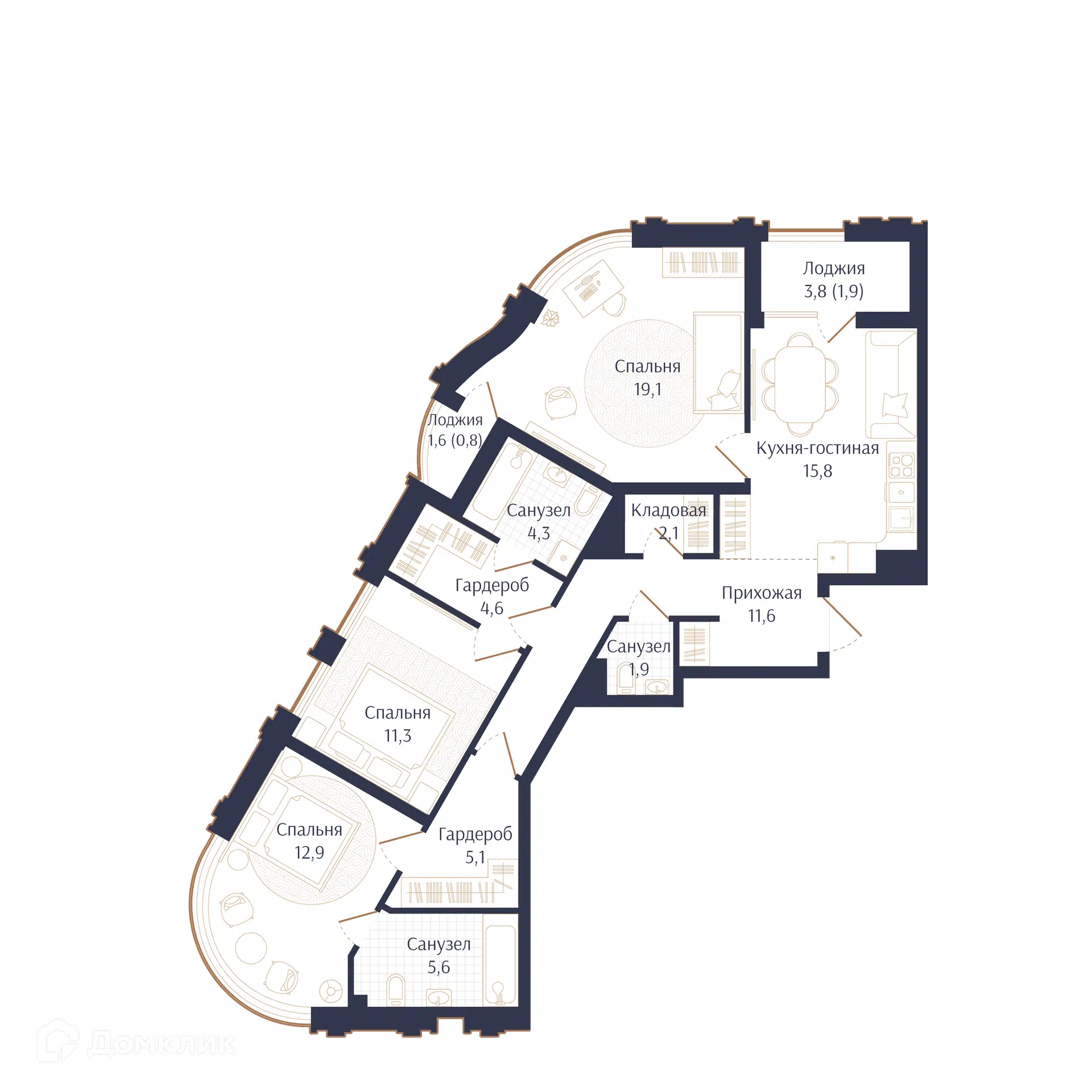 Планировка: 3-комн. квартира 97.00 м² в новостройке Брют Резиденс