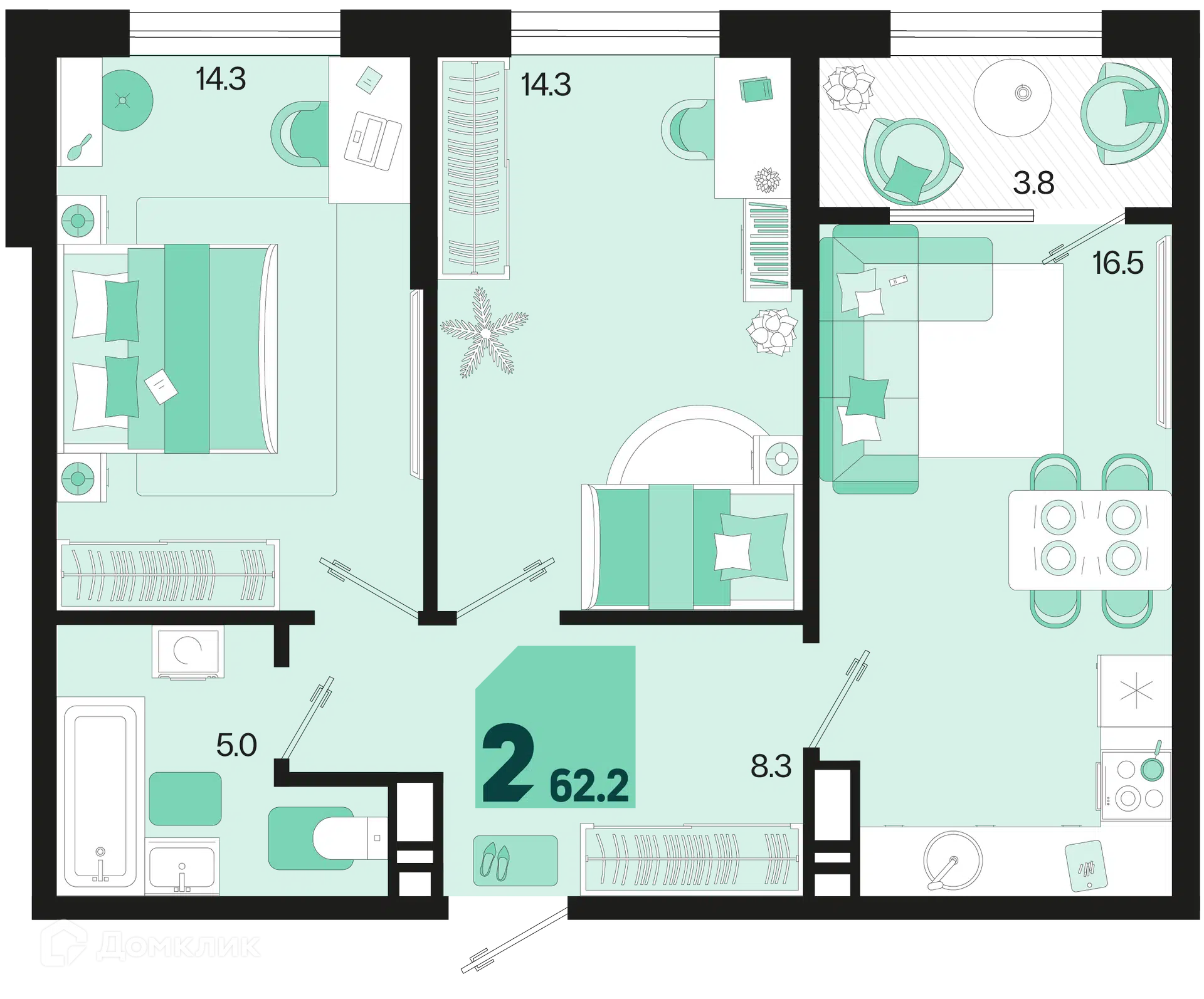 Планировка: 2-комн. квартира 62.20 м² в новостройке Первое место