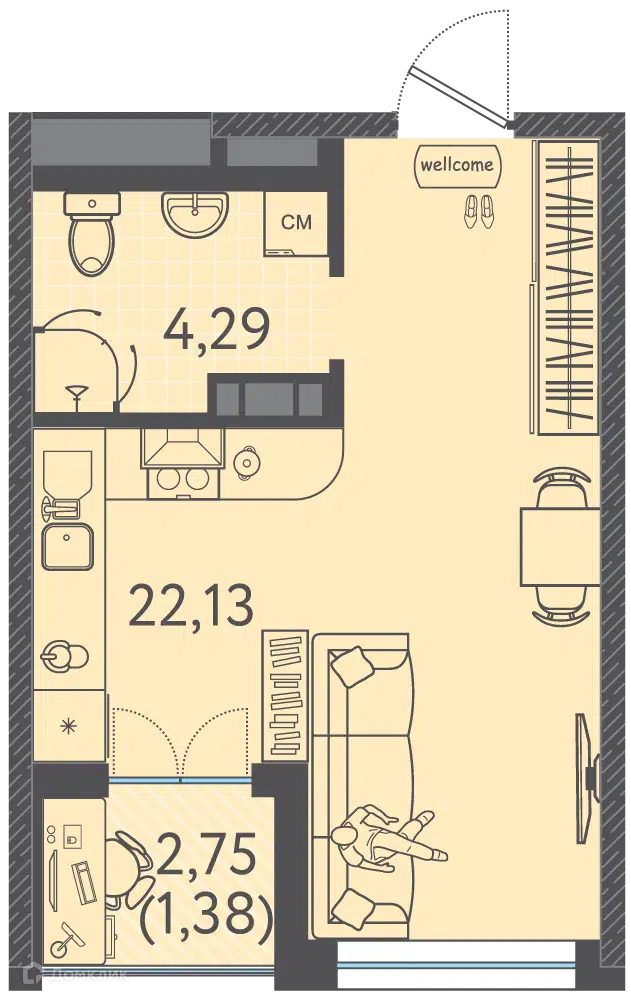 Планировка: Студия 27.50 м² в новостройке Друзья