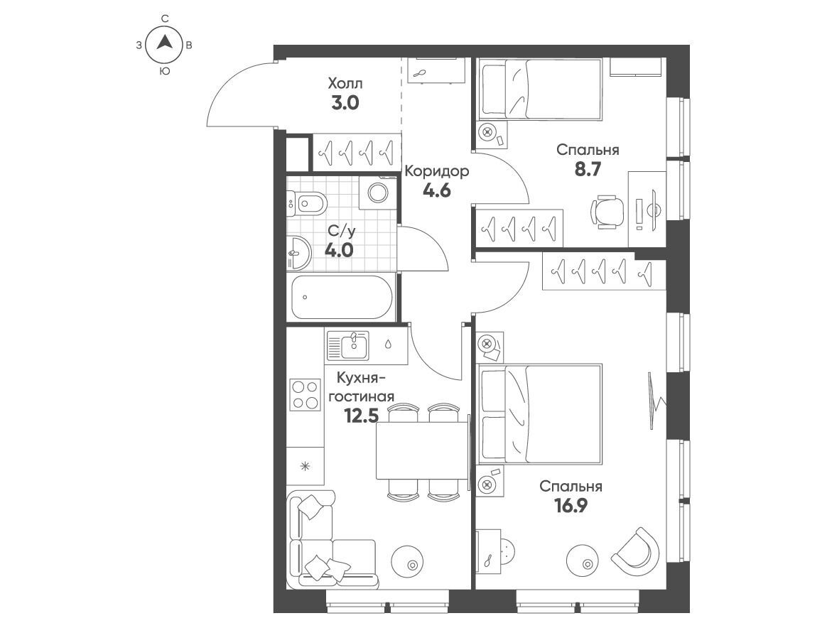 Планировка: 2-комн. квартира 49.70 м² в новостройке Соколин парк