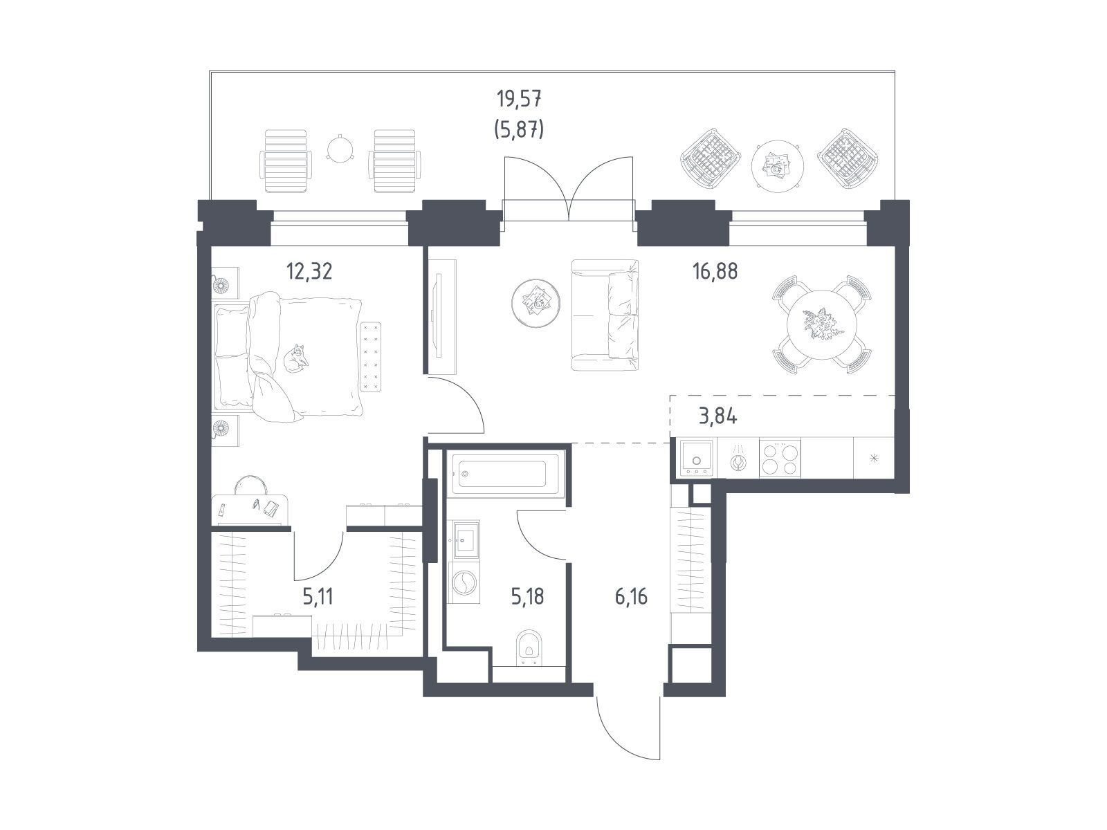 Планировка: 1-комн. квартира 55.36 м² в новостройке Верейская 41