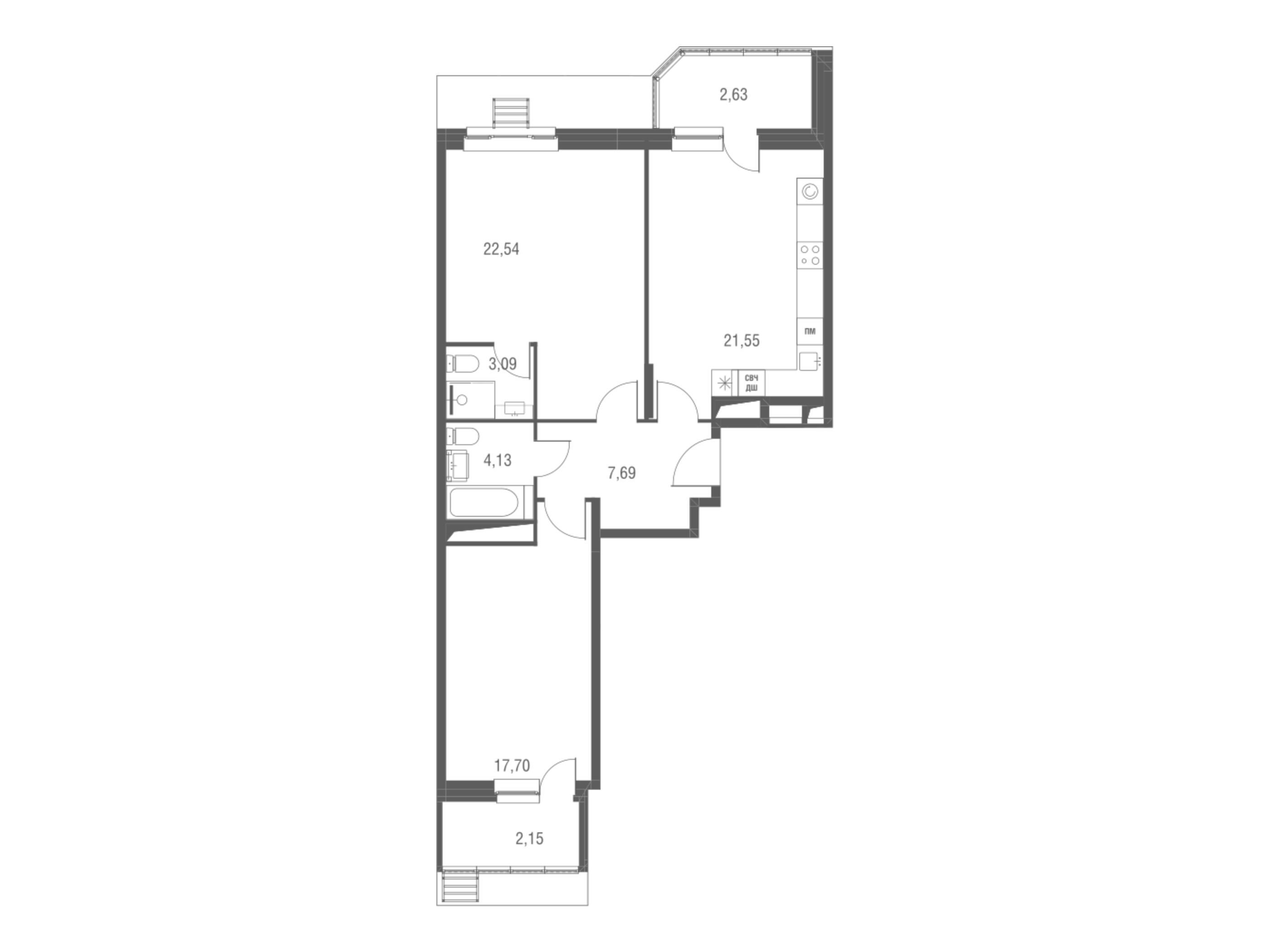 Планировка: 2-комн. квартира 83.30 м² в новостройке Одинбург