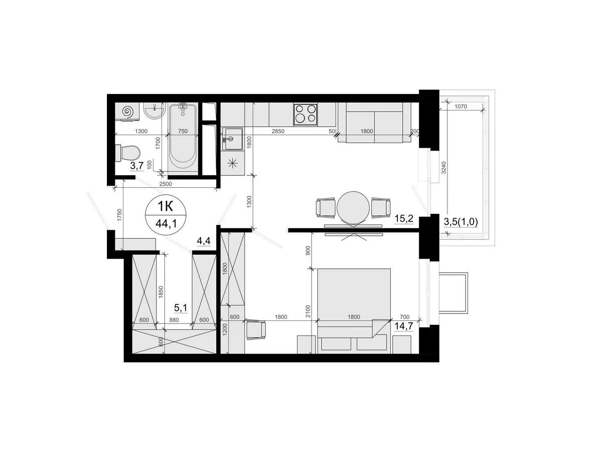 Планировка: 1-комн. квартира 43.70 м² в новостройке ЖК Одинцовские кварталы