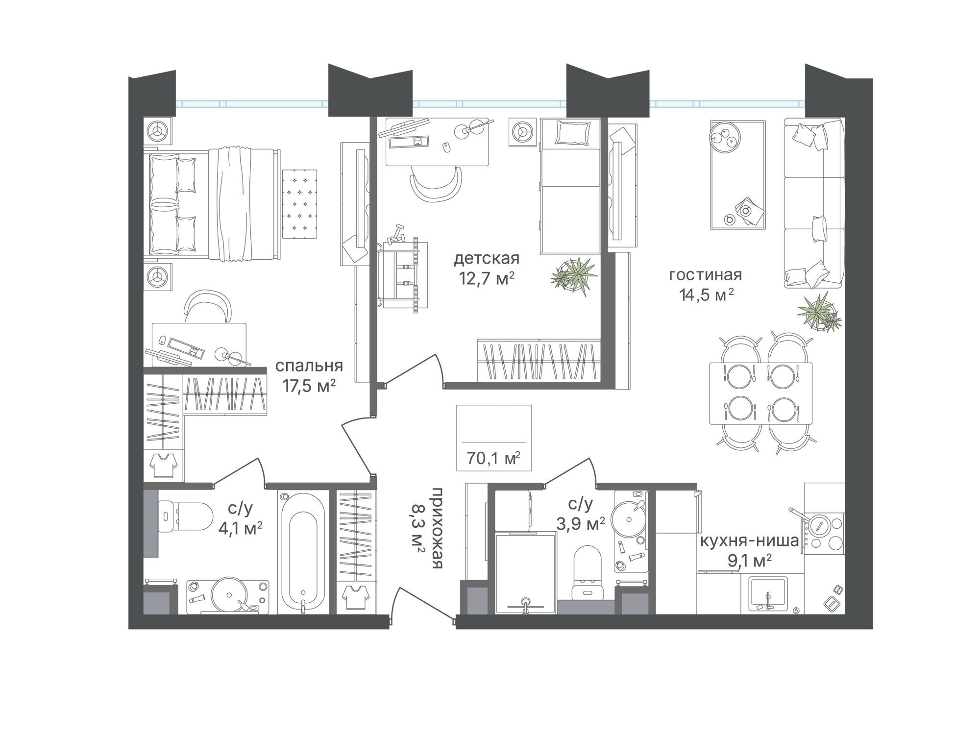 Планировка: 2-комн. квартира 70.10 м² в новостройке ЖК Петровский парк II