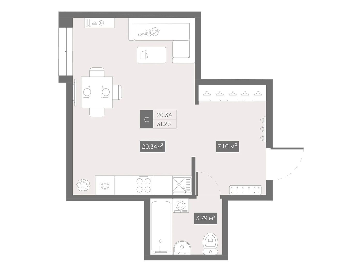 Планировка: Студия 32.10 м² в новостройке Зум Черная речка