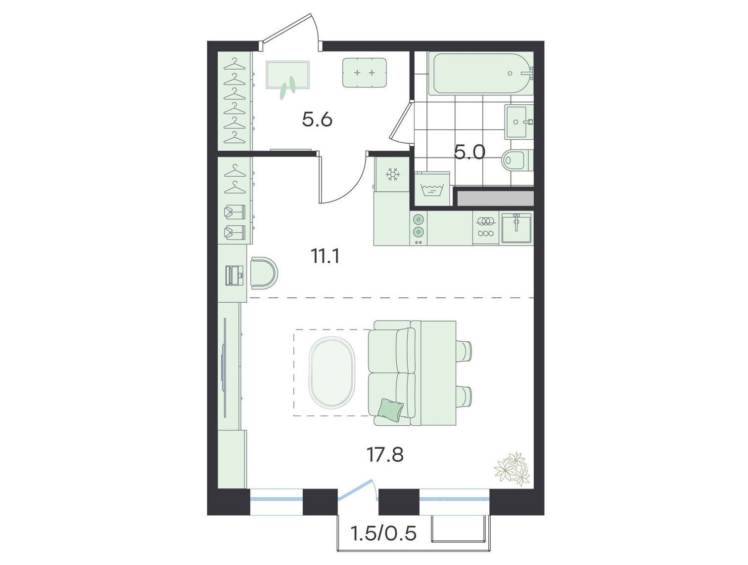 Планировка: Студия 40.20 м² в новостройке Джи Три Театральный