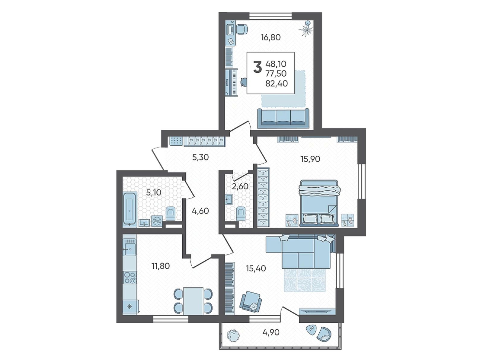 Планировка: 3-комн. квартира 82.40 м² в новостройке Горный квартал