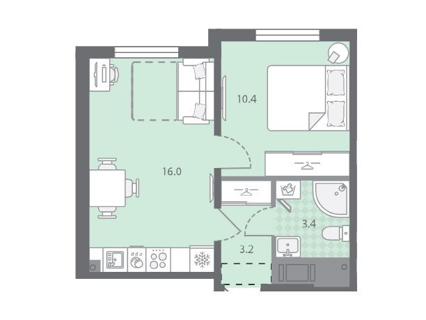 Планировка: 1-комн. квартира 33.00 м² в новостройке Дыбенко Парк