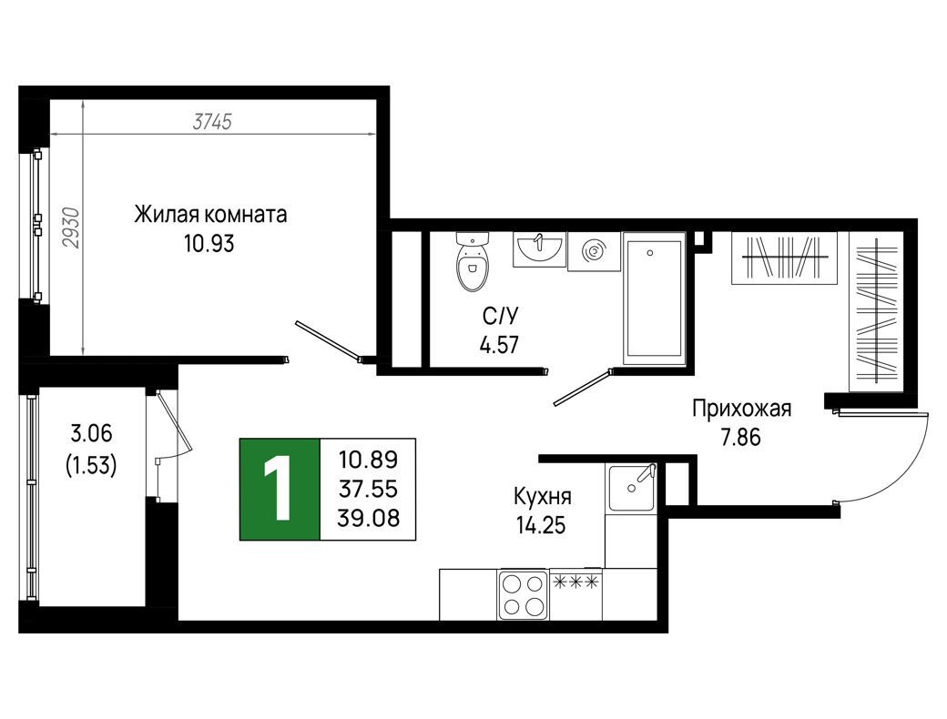 Планировка: 1-комн. квартира 39.08 м² в новостройке Имена