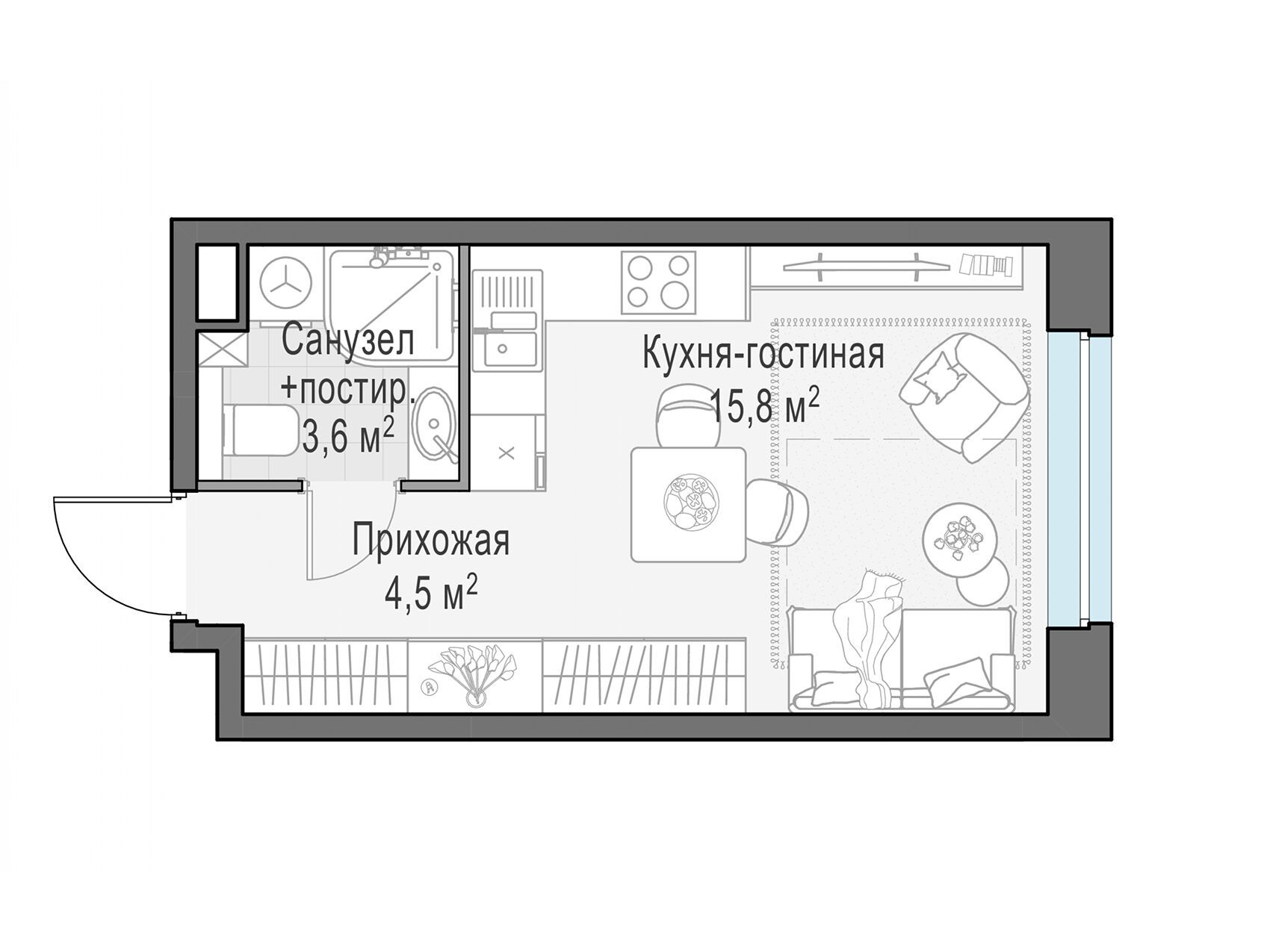 Планировка: Студия 23.80 м² в новостройке Белый Град