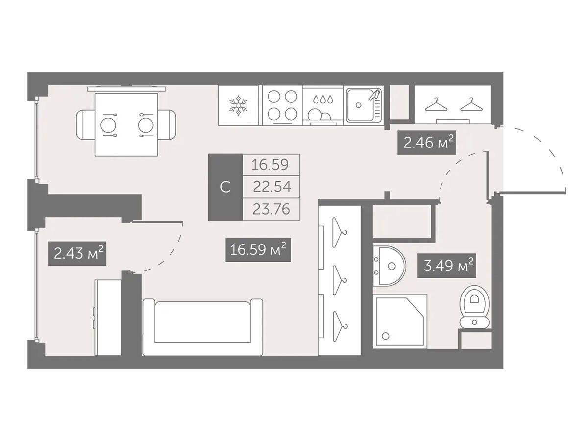 Планировка: Студия 23.76 м² в новостройке Новый Московский
