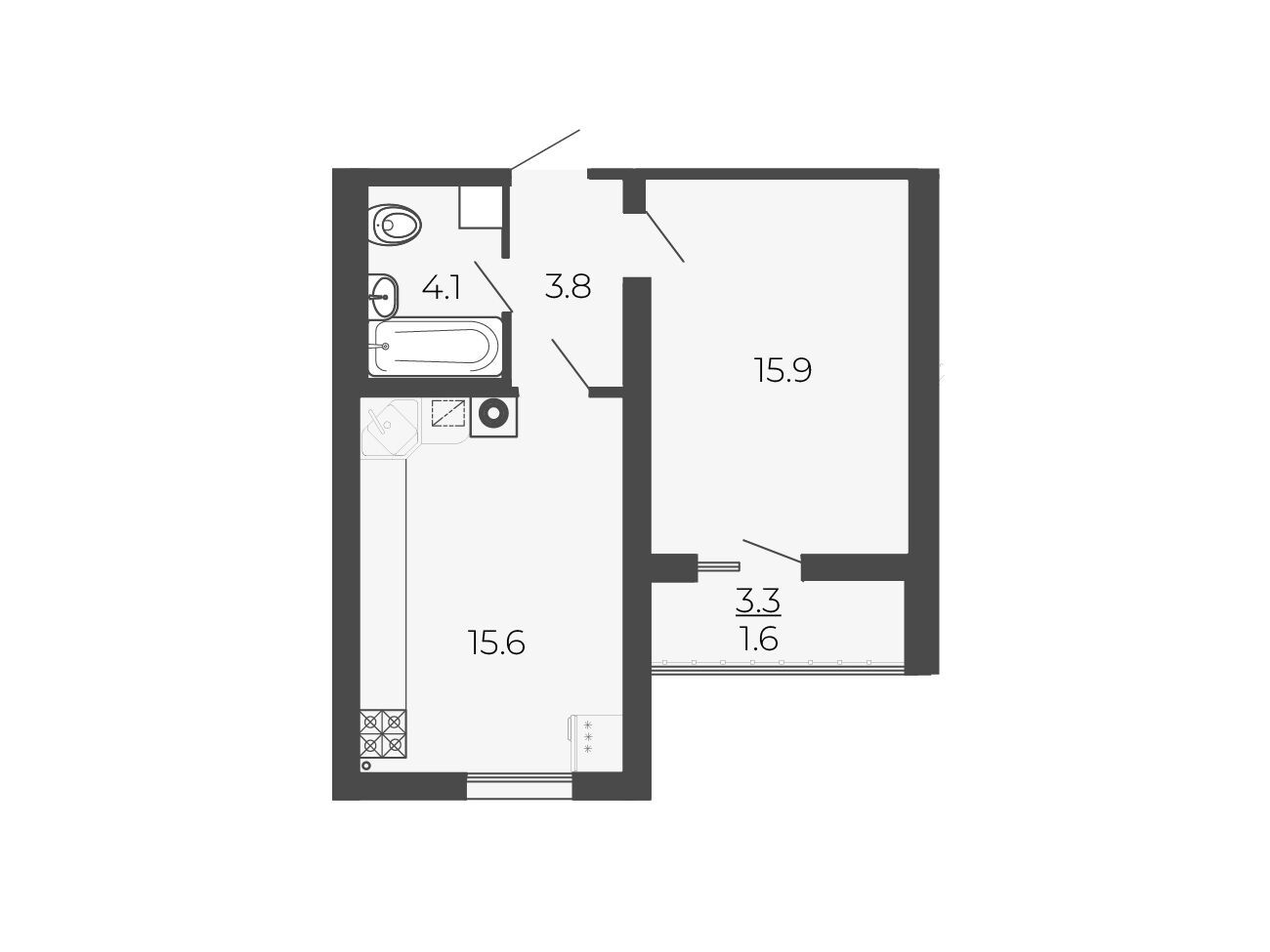 Планировка: 1-комн. квартира 41.00 м² в новостройке Новый Благодар