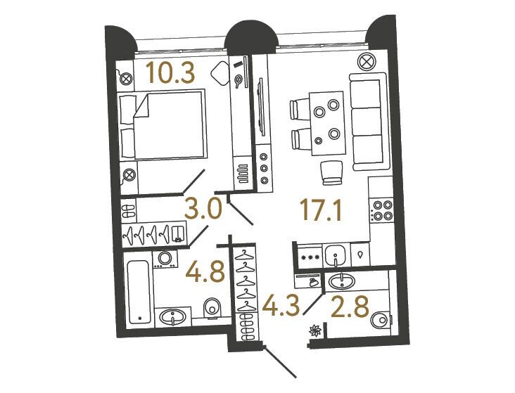 Планировка: 1-комн. квартира 42.30 м² в новостройке Цвет Зеленогорска