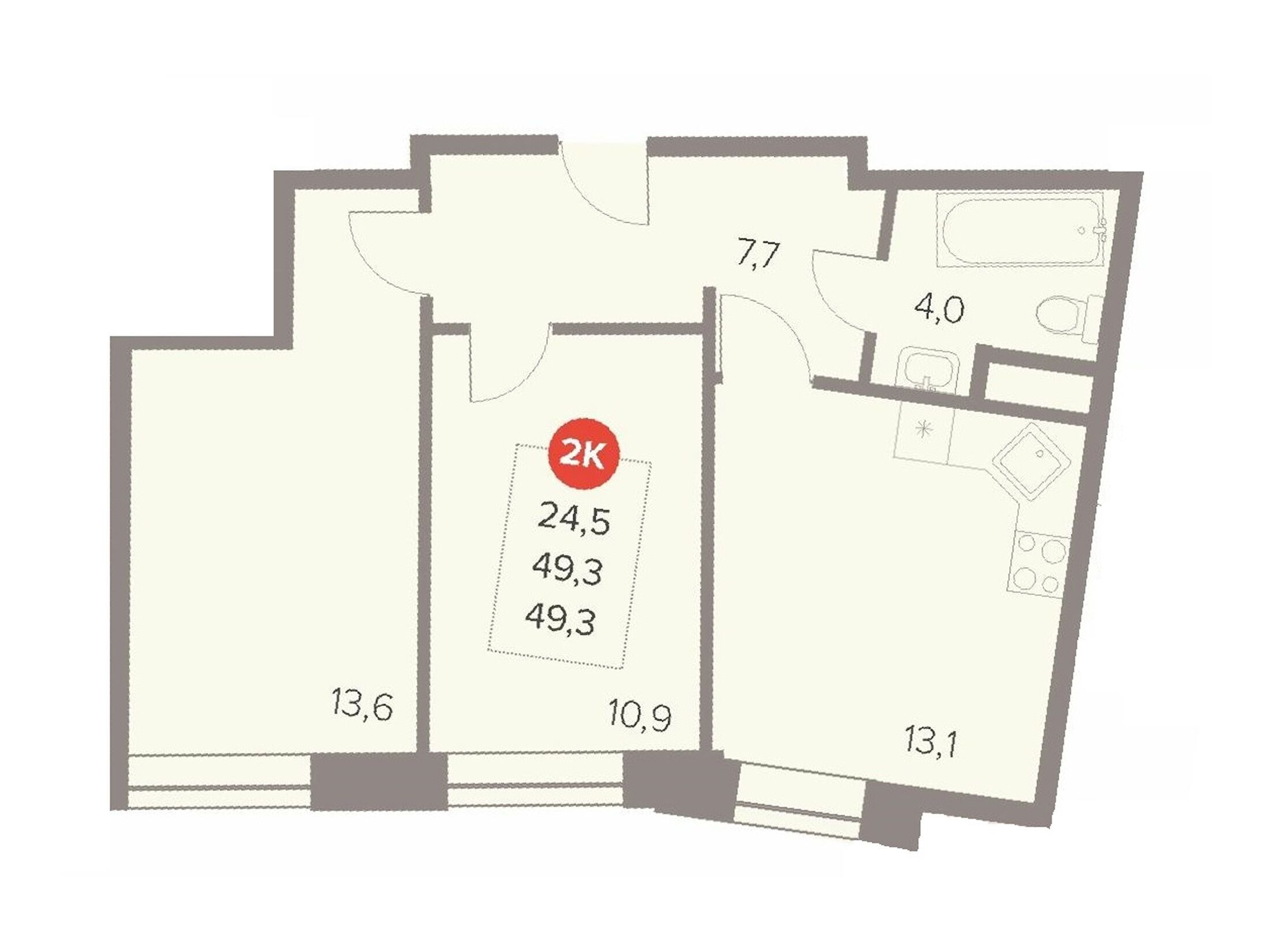 Планировка: 2-комн. квартира 49.50 м² в новостройке Отлично