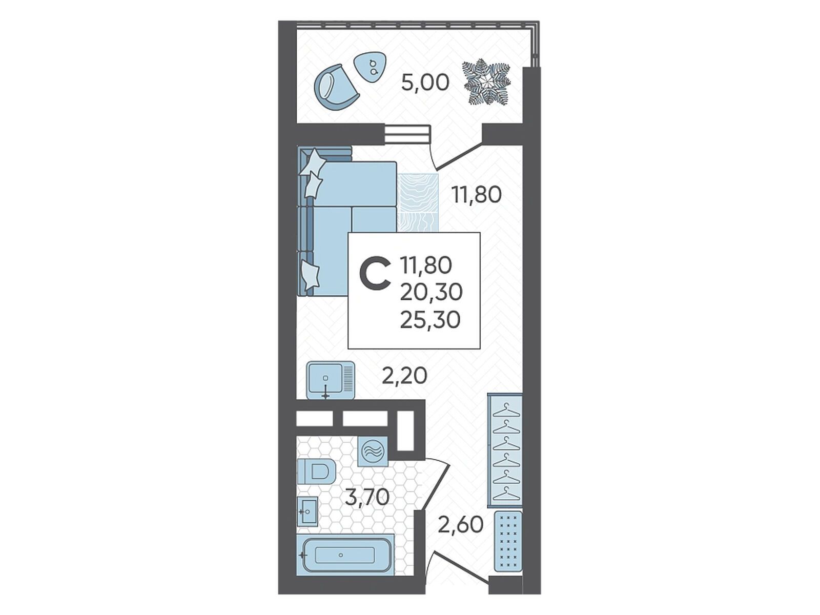 Планировка: Студия 25.30 м² в новостройке Горный квартал