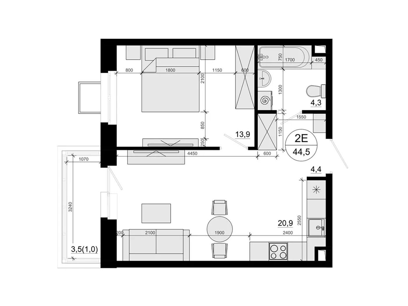 Планировка: 1-комн. квартира 43.70 м² в новостройке ЖК Одинцовские кварталы