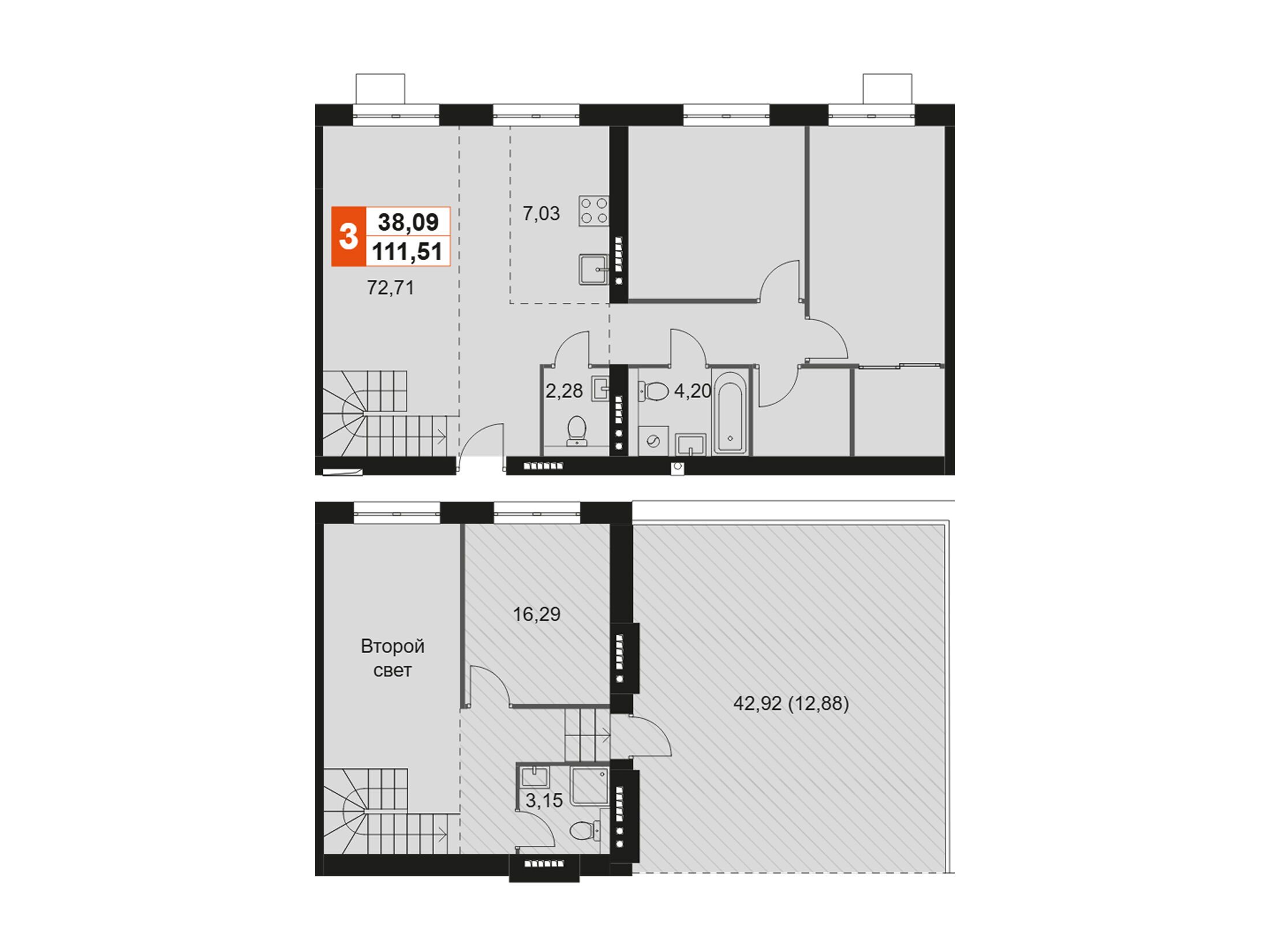 Планировка: 3-комн. квартира 111.51 м² в новостройке Мартемьяново Клаб