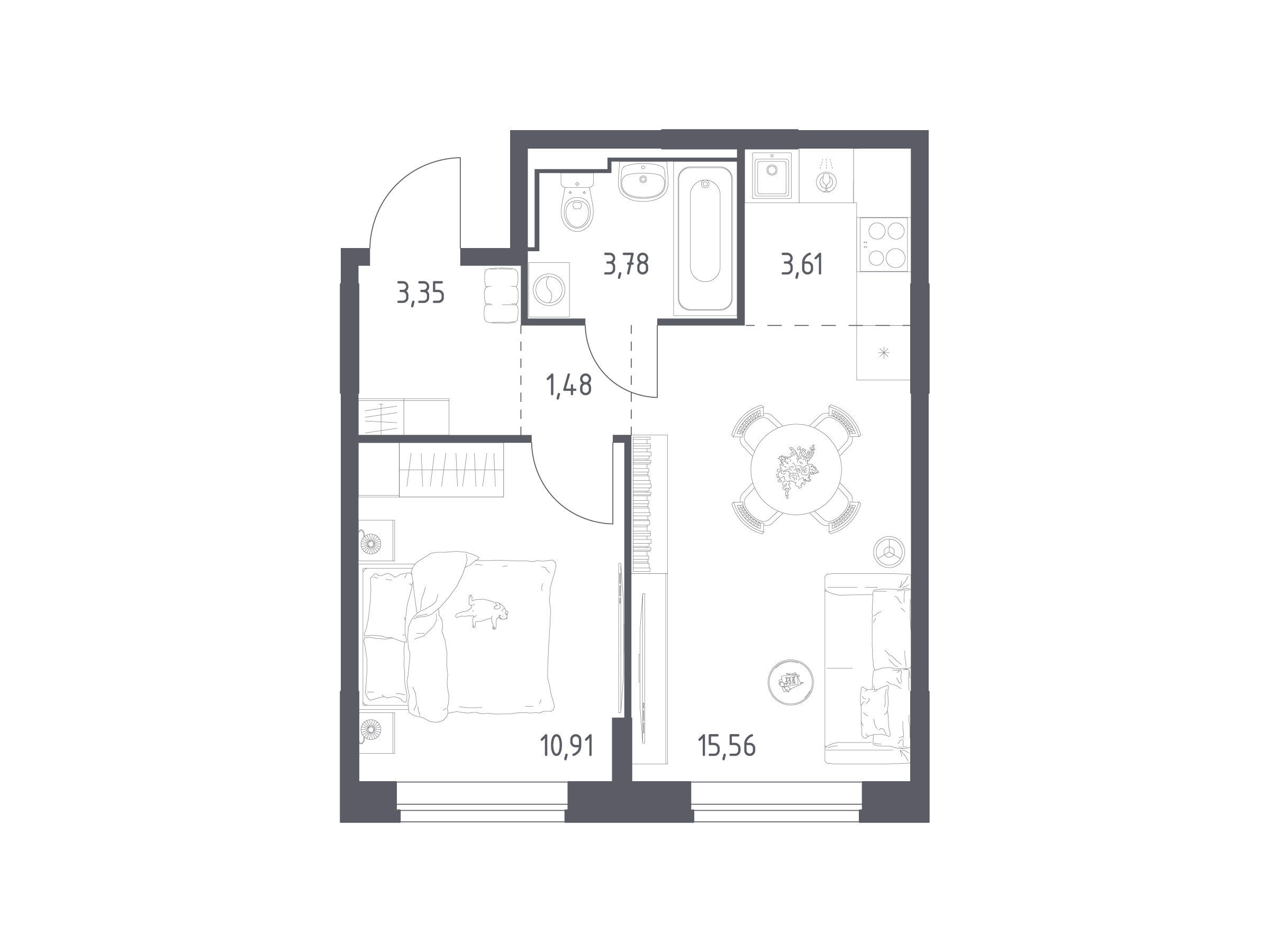 Планировка: 1-комн. квартира 38.69 м² в новостройке Богдановский Лес