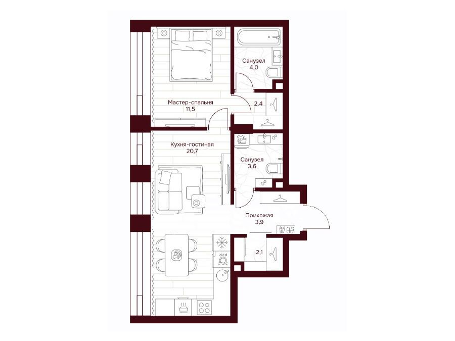 Планировка: 1-комн. квартира 48.20 м² в новостройке ЖК Дом 7 Даниловский