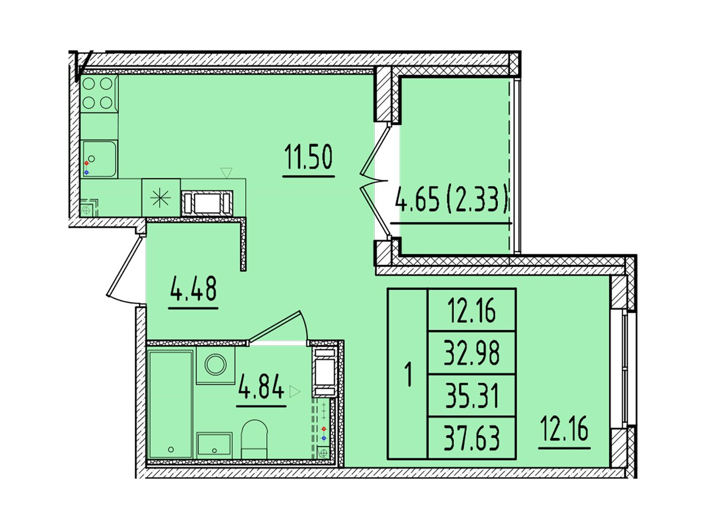 Планировка: 1-комн. квартира 32.98 м² в новостройке Образцовый квартал 17