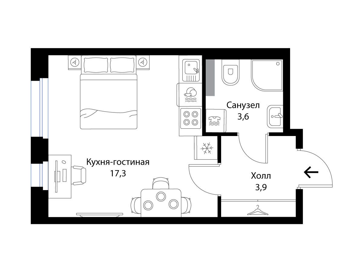 Планировка: Студия 24.80 м² в новостройке Экография