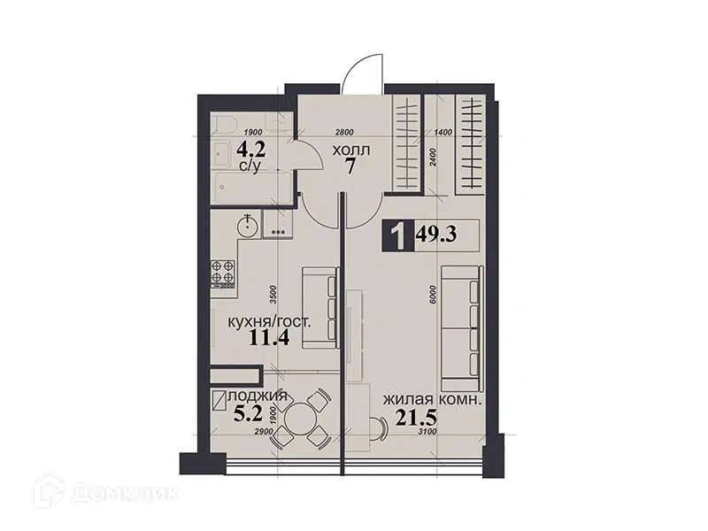 Планировка: 1-комн. квартира 49.30 м² в новостройке Надежда