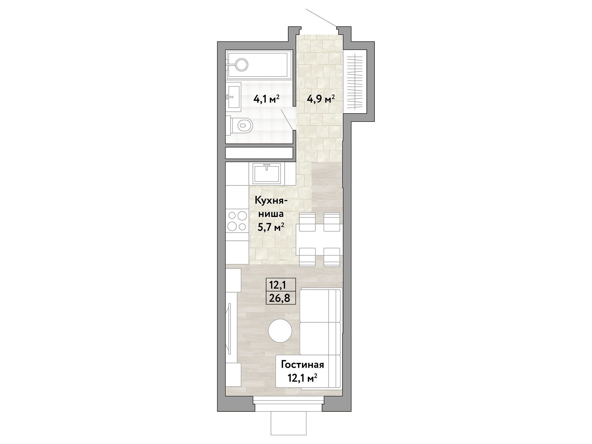 Планировка: Студия 26.80 м² в новостройке Новые смыслы