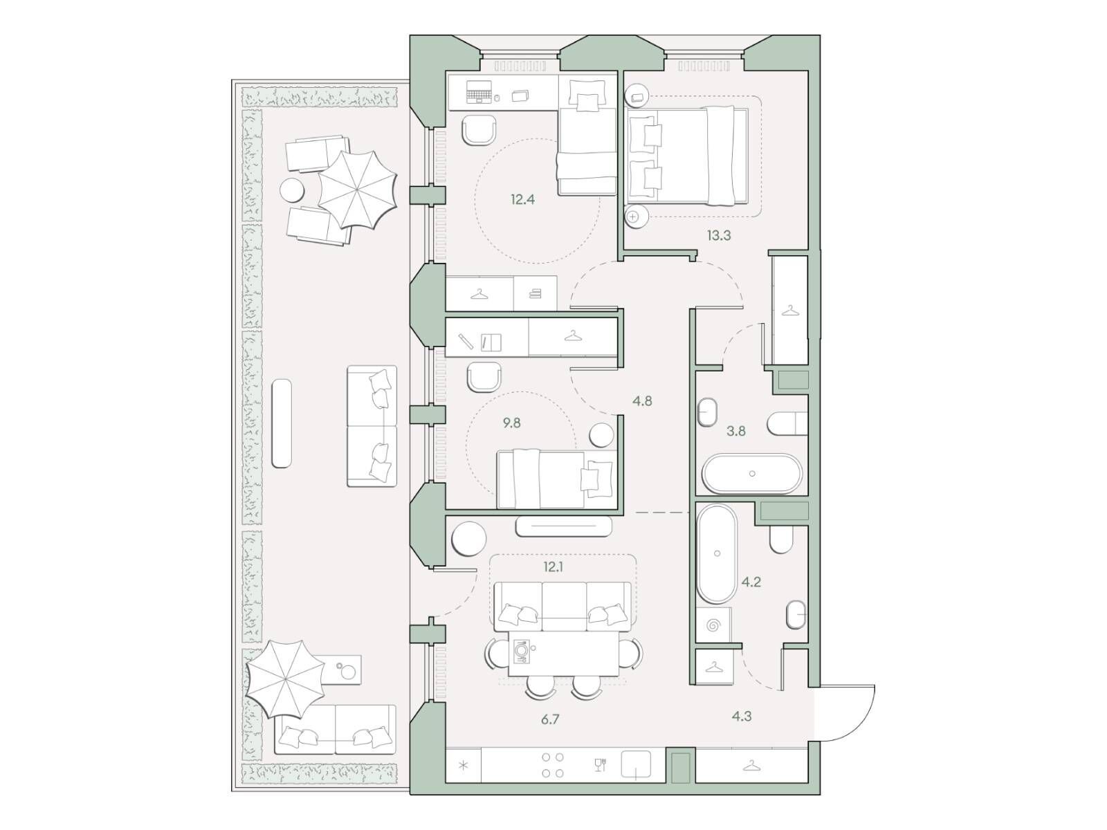 Планировка: 3-комн. квартира 82.00 м² в новостройке Среда на Лобачевского