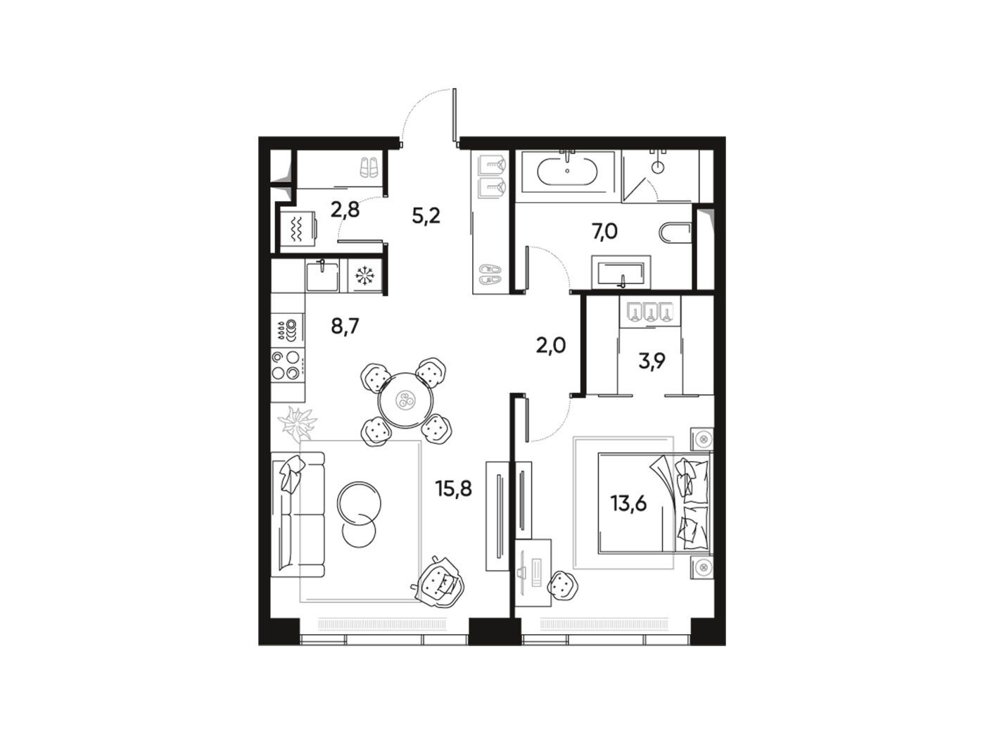 Планировка: 2-комн. квартира 58.80 м² в новостройке Прайд