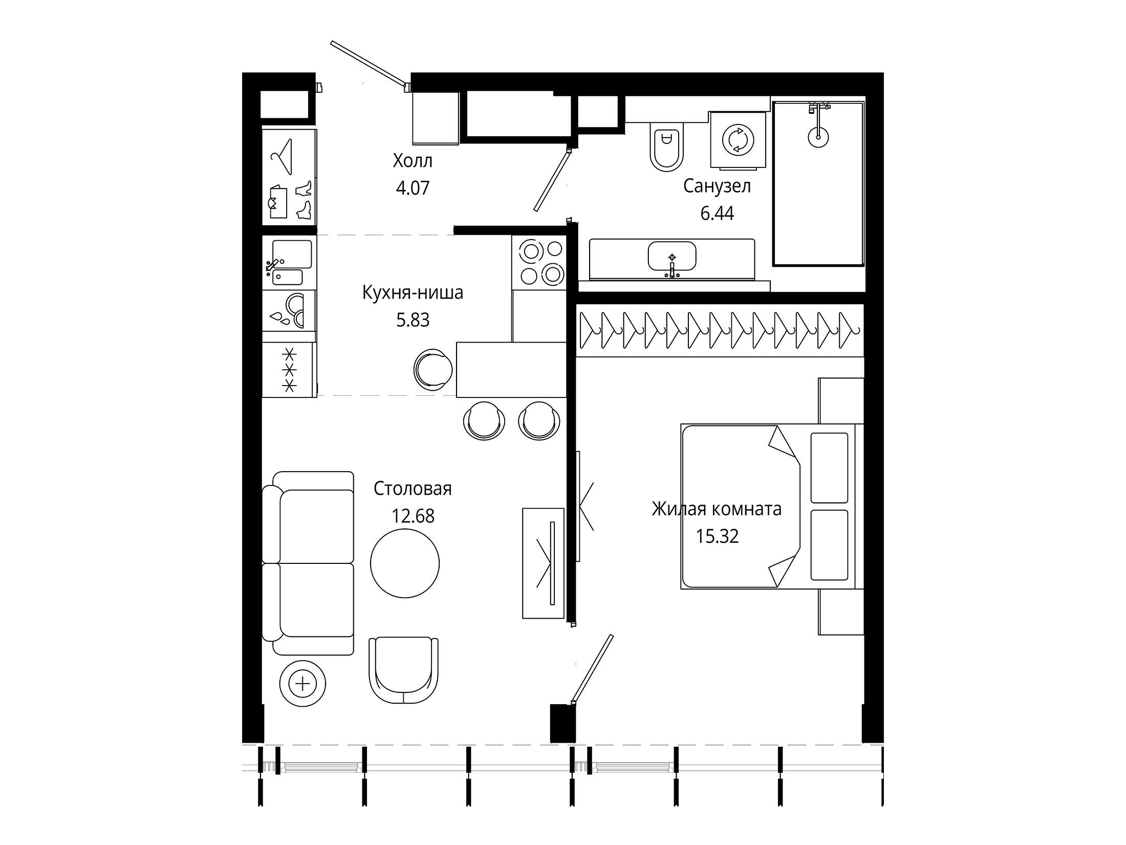 Планировка: 1-комн. квартира 44.10 м² в новостройке Мод