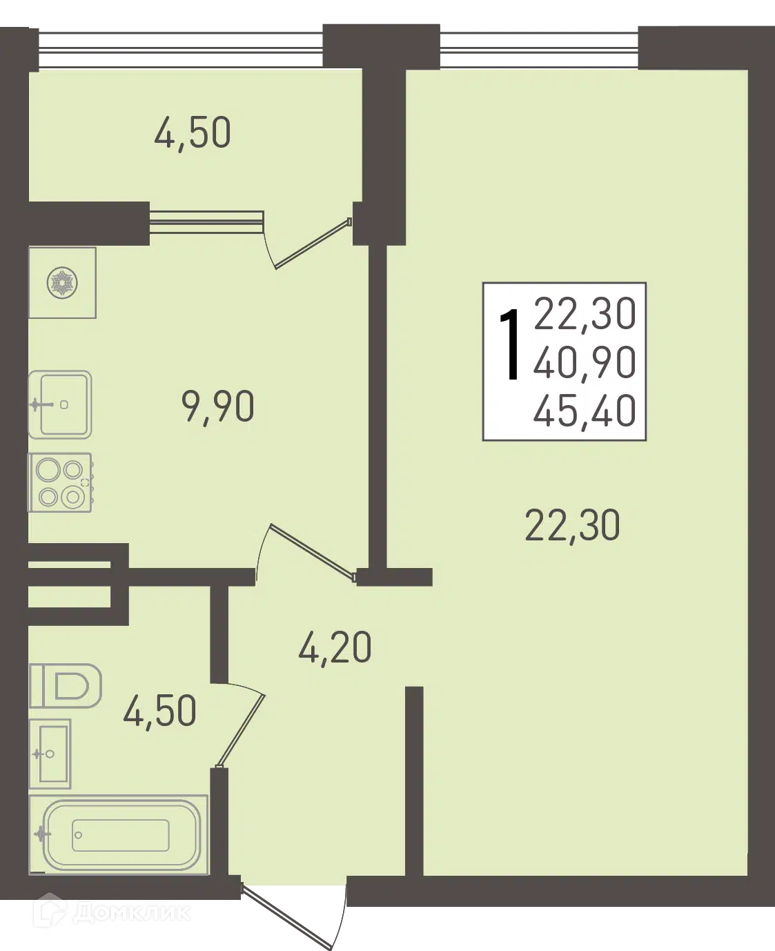 Планировка: 1-комн. квартира 45.40 м² в новостройке Югге