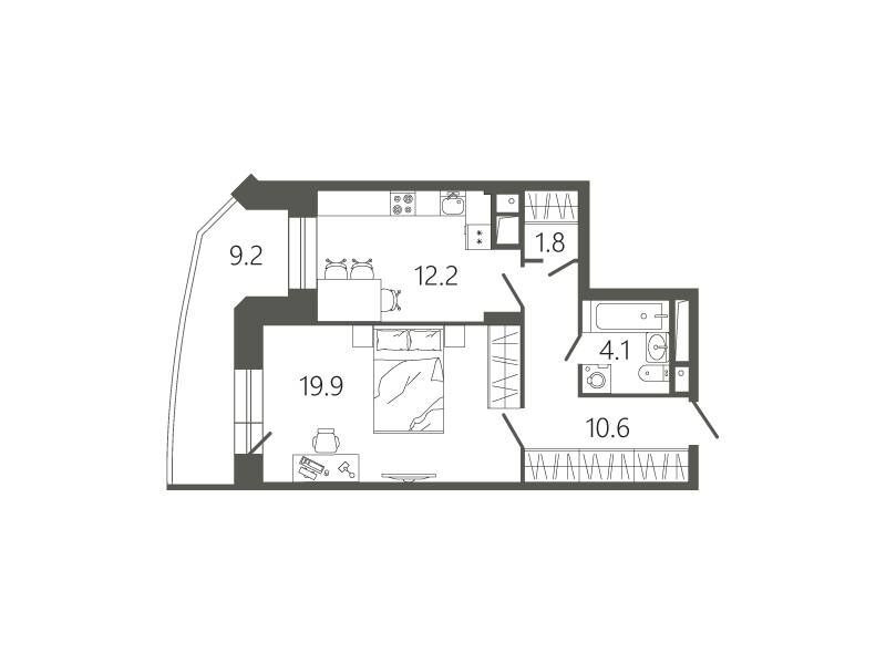 Планировка: 1-комн. квартира 51.40 м² в новостройке Мессиер 18