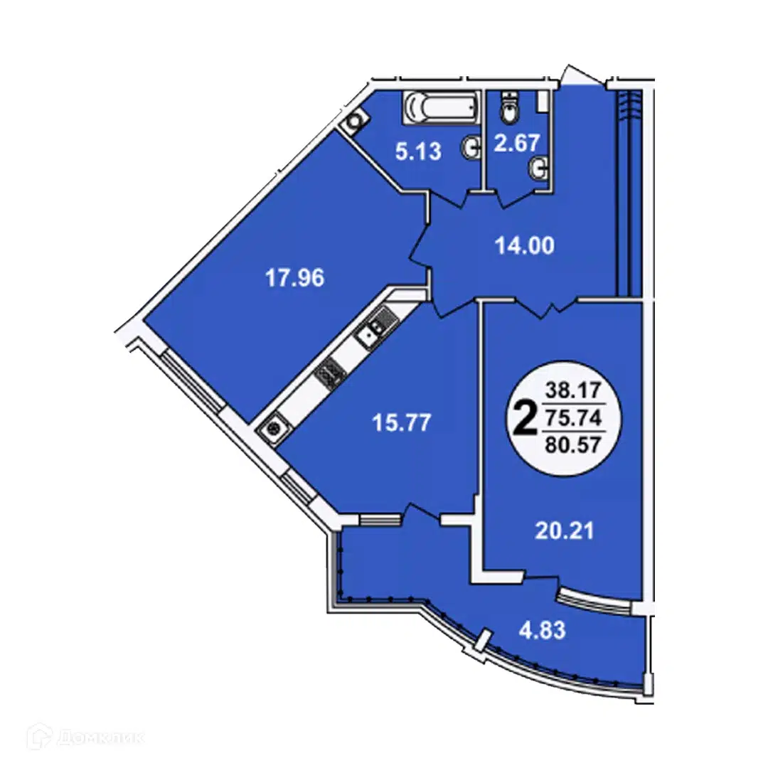 Планировка: 2-комн. квартира 80.57 м² в новостройке Краснодар Сити